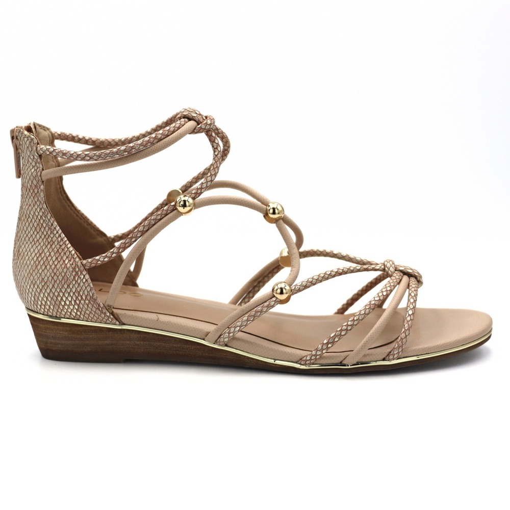 Aldo Women 8.5 Beige Snakeskin Strappy Beaded Gladiator Flat Wedge Sandals Shoes - Picture 5 of 13